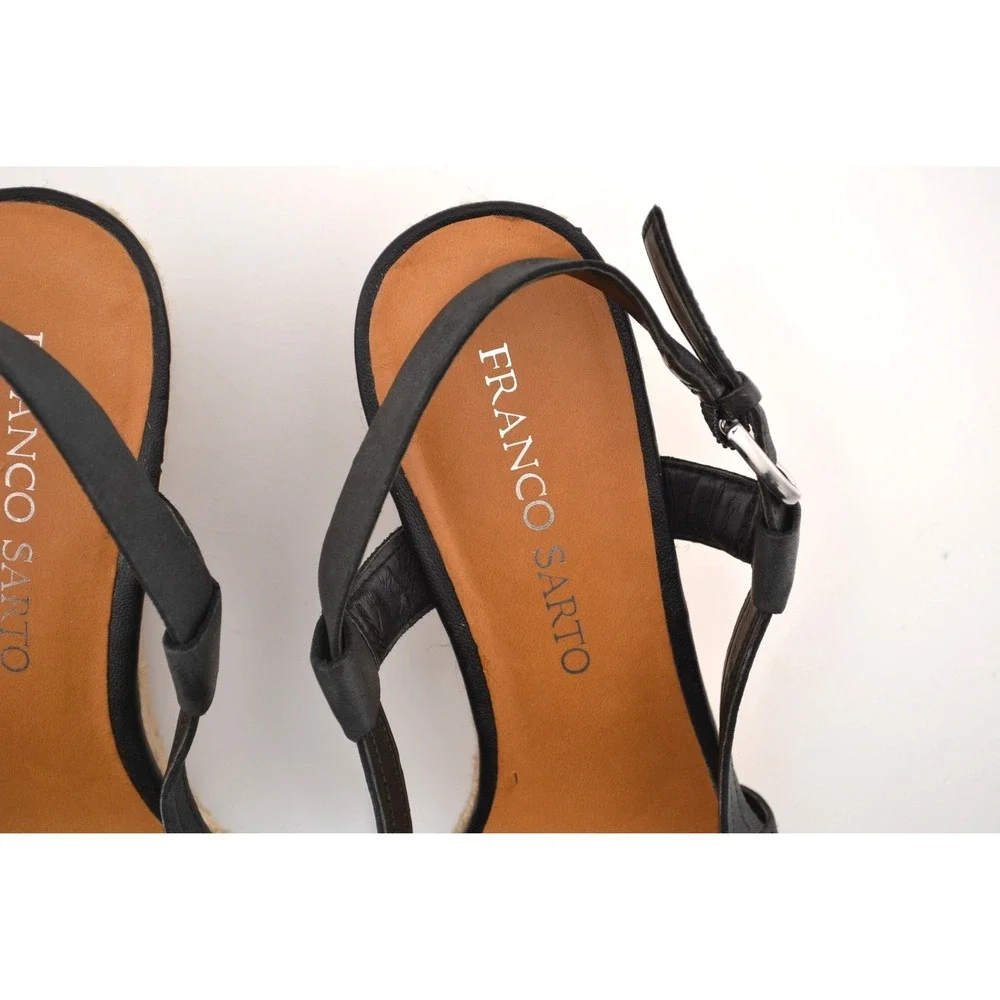 Franco Sarto Wedge Sandals Women 8 Black Espadrille Leather Women‎ Peep Toe